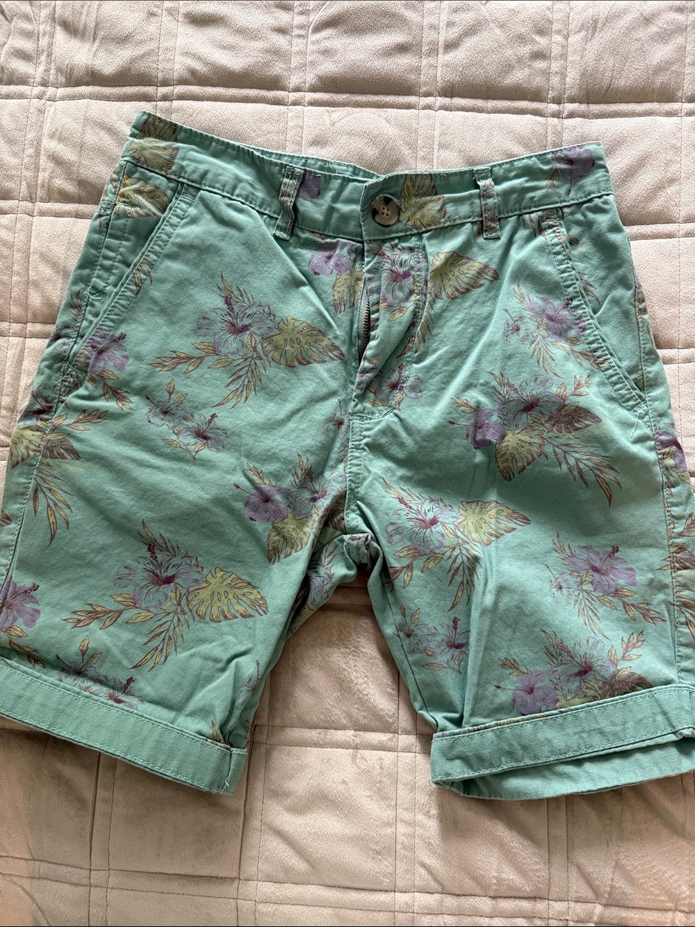 Mint Green Floral Print Cotton Shorts